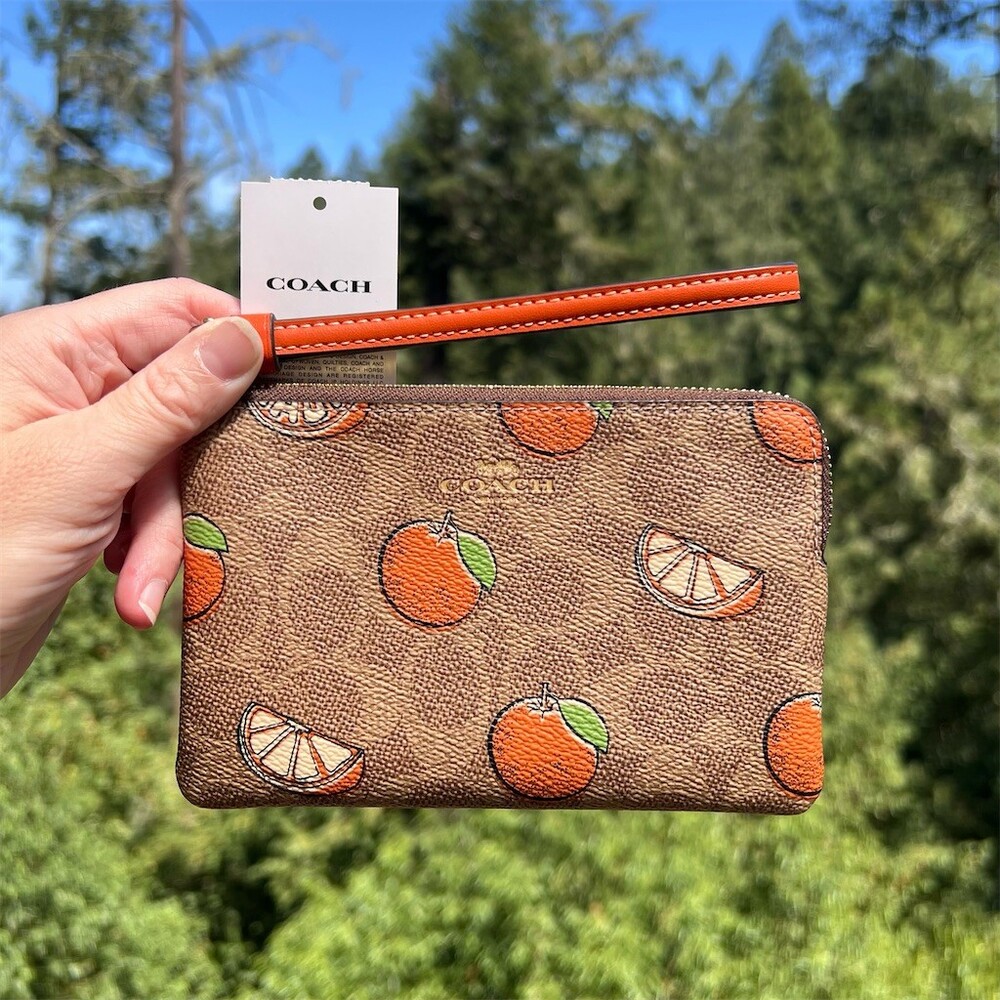 COACH Signature Canvas Orange Print Wristlet Wallet Clutch Gold Hardware NWT